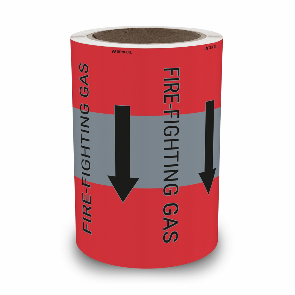 IMO Rørmærker - Fire fighting: Fire-fighting gas + tekst - Rød/Grå - Selvklæbende vinyl - 150 mm x 10 m