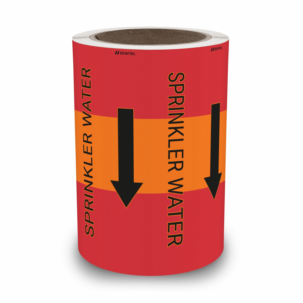 IMO Rørmærker - Fire fighting: Sprinkler water + tekst - Rød/Orange - Selvklæbende vinyl - ISO 14726