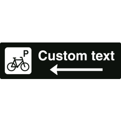 Cykelparkering skilt – sort henvisningsskilt med venstre pil og valgfri tekst, 150 x 500 mm 3 mm alu-sandwich