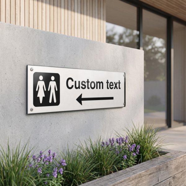 WC skilt – hvidt henvisningsskilt med venstre pil og valgfri tekst, 150 x 500 mm 3 mm alu-sandwich